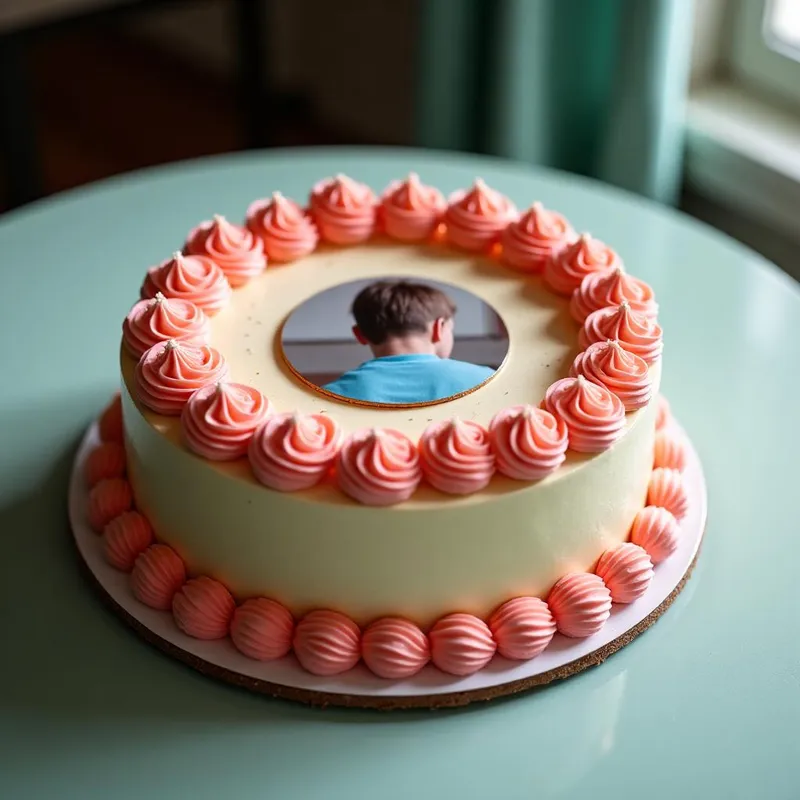 Torta de cumpleaños con una impresión comestible circular de una fotografía familiar tomada de espaldas