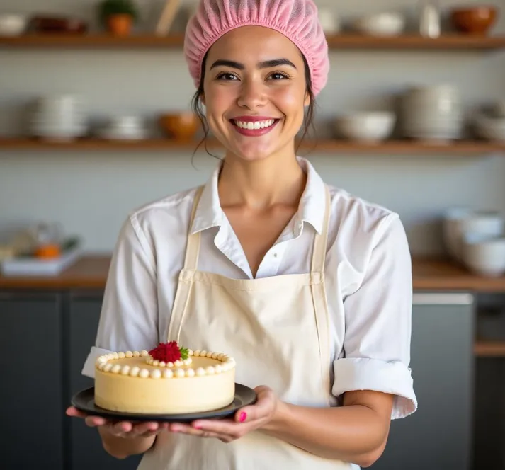 Estudiante de la Academia Dulcypan sosteniendo un pastel decorado